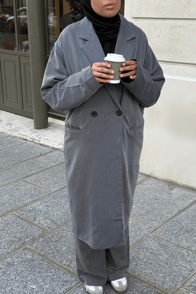 Blazer long gris Mayla Couture – coupe oversize élégante, style mastour et moderne